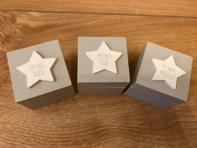 Grey Wooden Star 1st Tooth, Curl & Bracelet Boxes